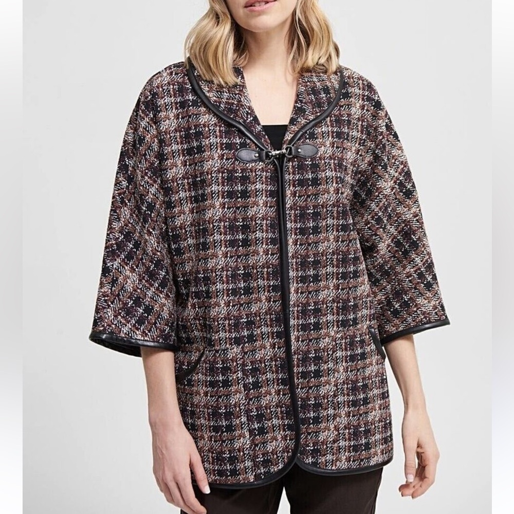 Joseph Ribkoff Womens L Plaid Jacket Knit Brown Trim Leather Classic Art To Wear